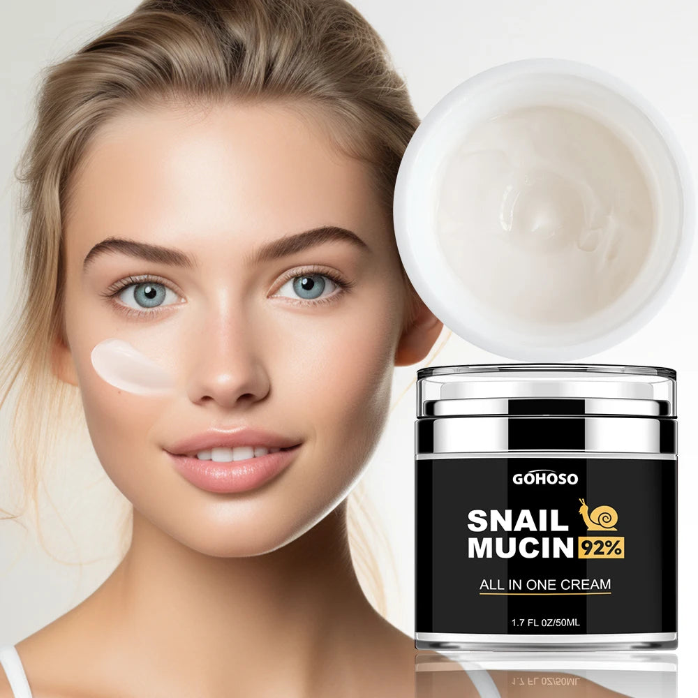 A woman with face cream on her cheek next to an open jar of Gohoso 92% snail mucin facial cream.
