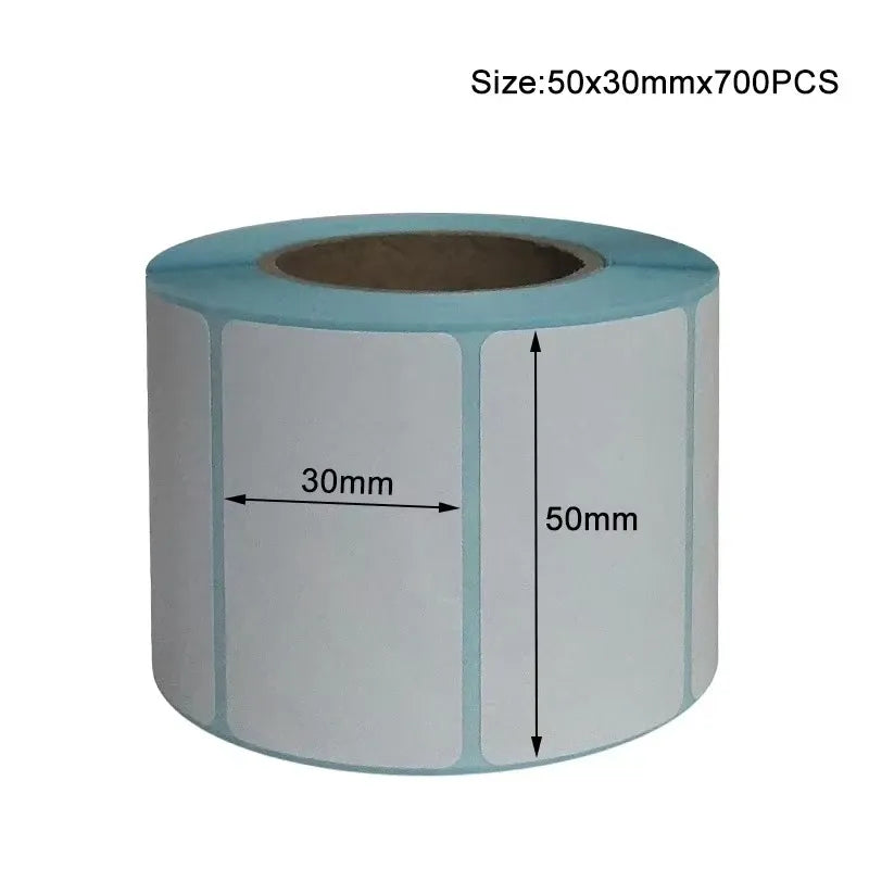 Thermal label sticker roll with 50mm x 30mm label size diagram