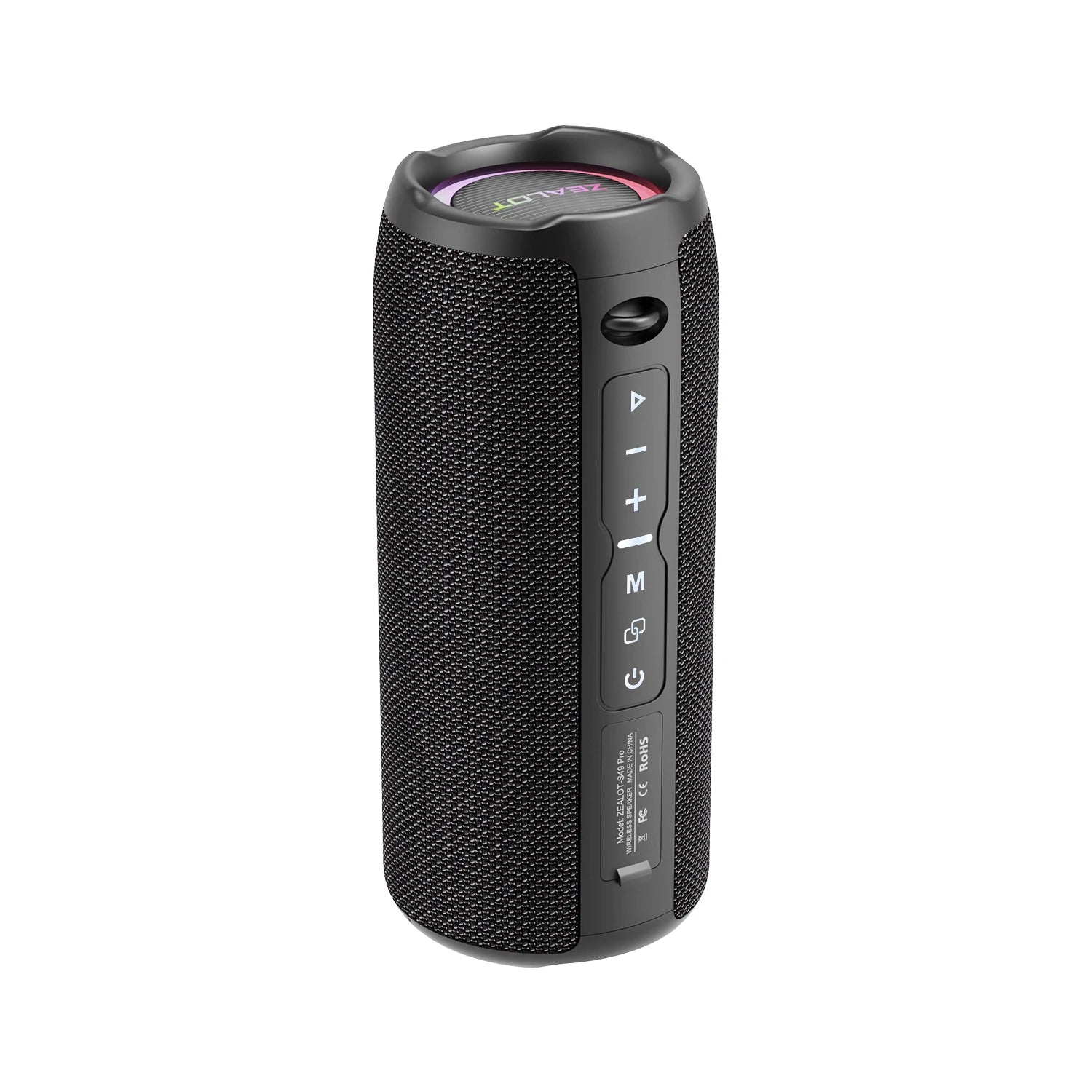 Black portable wireless speaker with side control panel and top grille