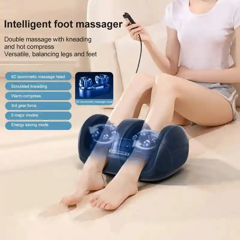 Navy blue electric shiatsu leg and foot massager with heated kneading rollers for deep tissue stress relief.