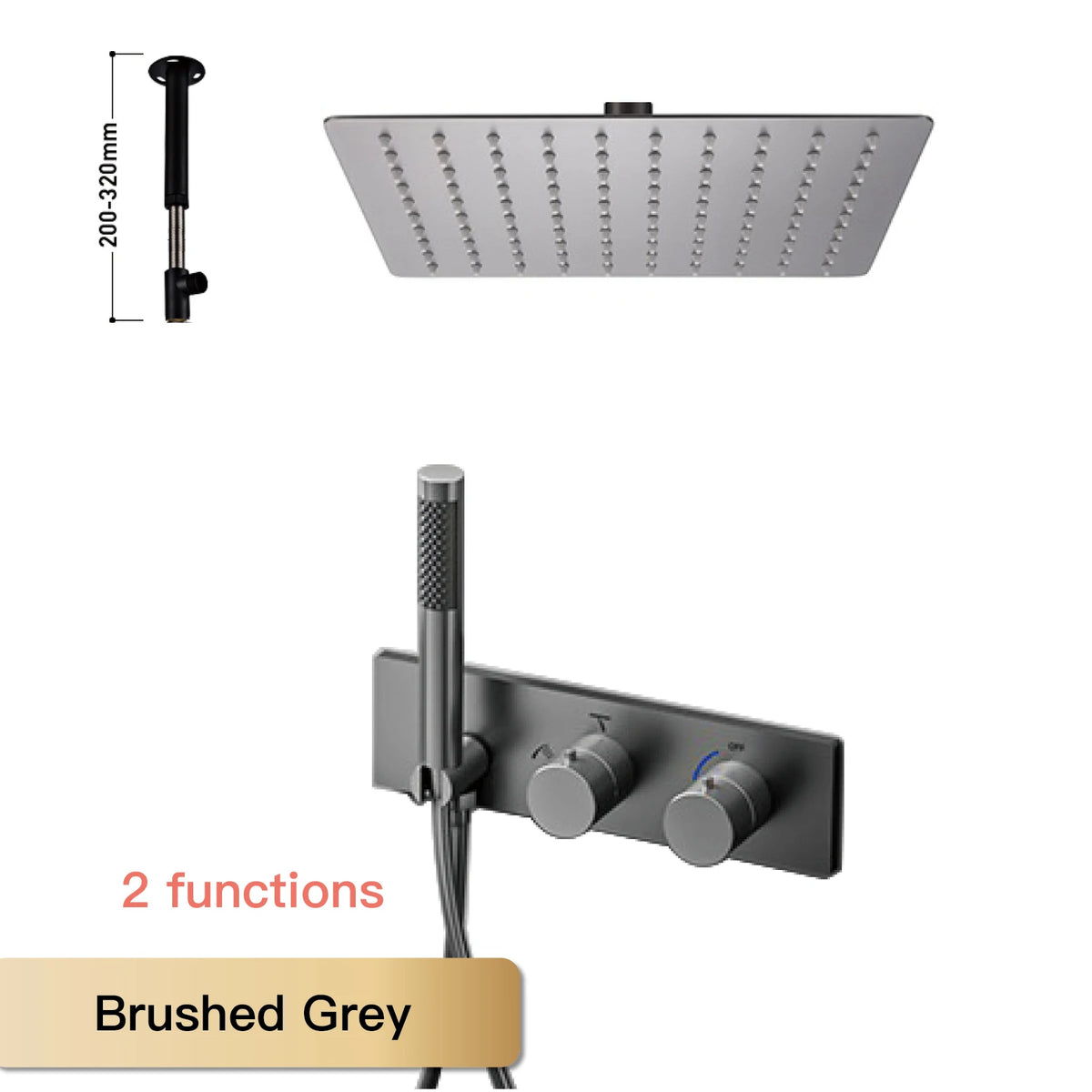 Brushed grey thermostatic shower system with rainfall ceiling head and 2-function wall mixer