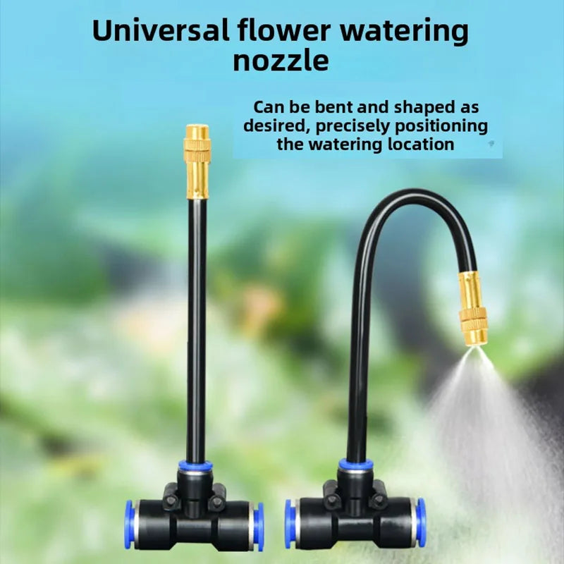 Universal flower watering nozzle with two black sprinkler heads and copper mist spray
