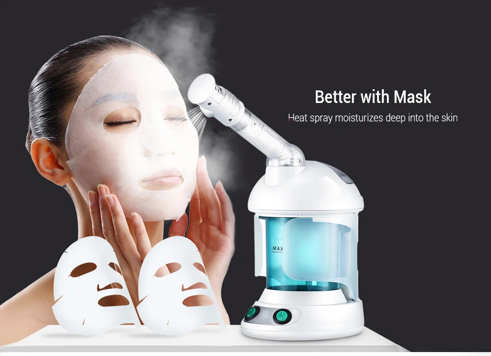 White nano facial steamer spraying mist on woman wearing a hydrating sheet mask for deep pore cleansing at home spa.