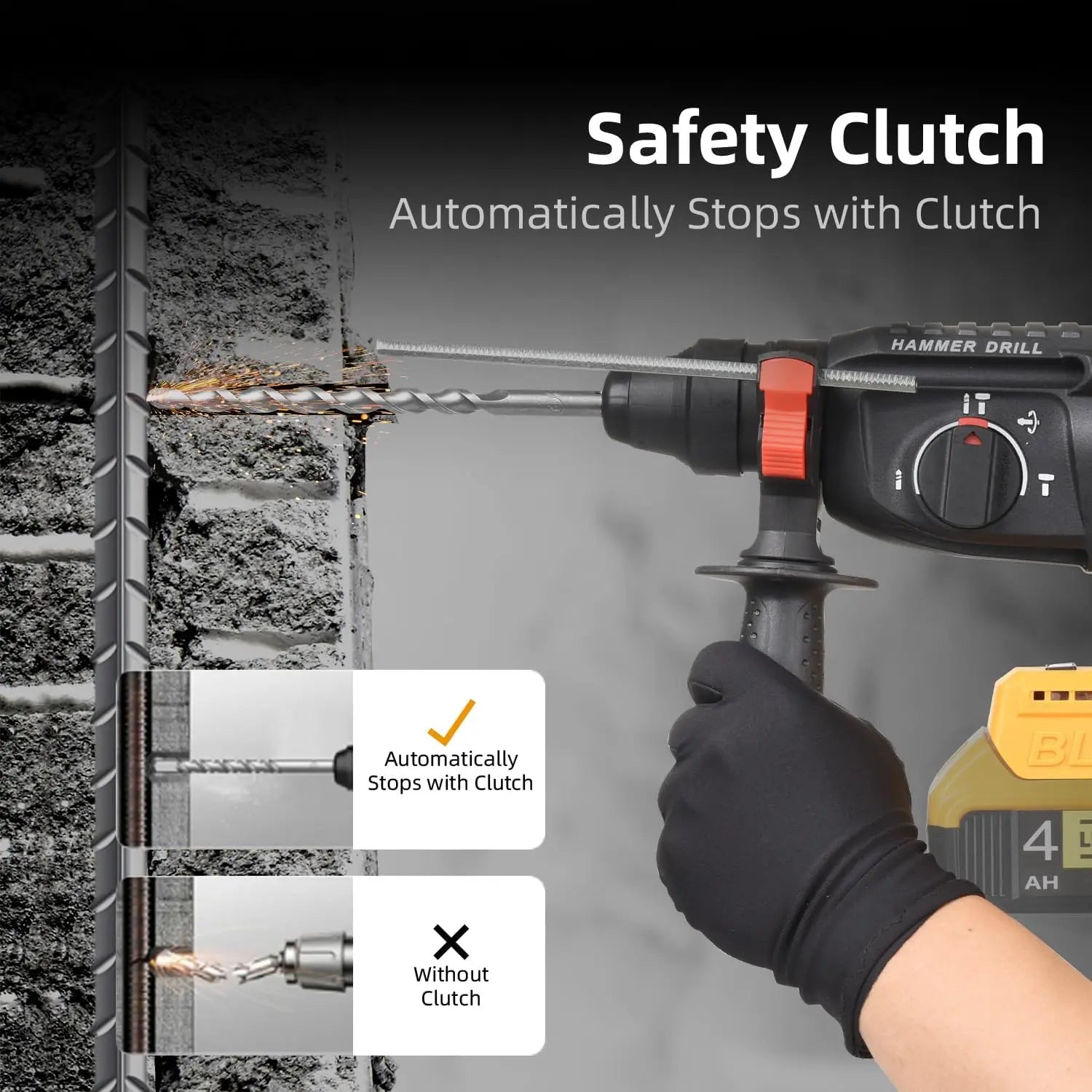 Brushless Cordless Rotary Hammer Drill 3-in-1 Heavy Duty Electric Demolition Hammer Impact Drill Concrete Breaker Chisel Power Tool High Power SDS Plus Compatible Lithium Battery