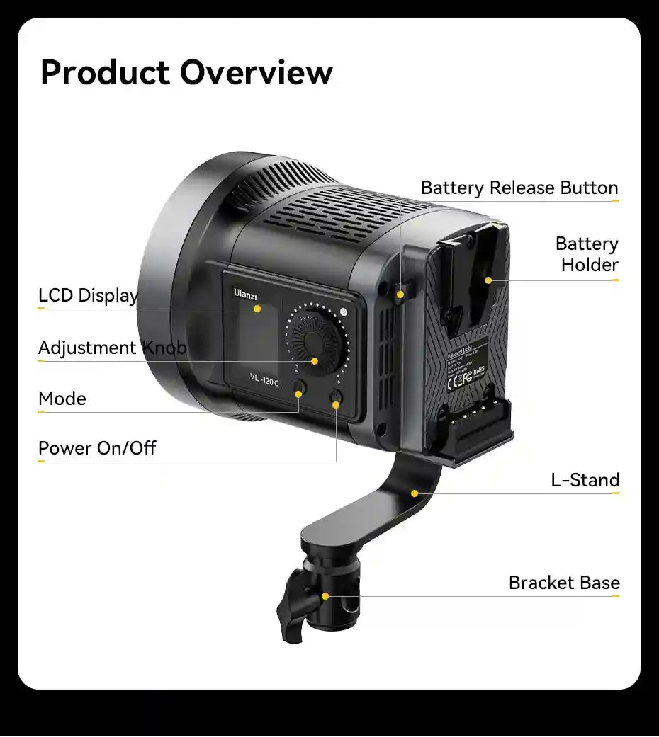VL-120C black portable LED video light with an L-stand, LCD display, control knob, and rear battery mount.