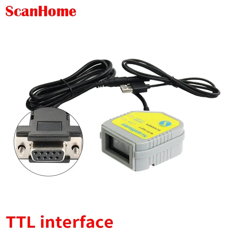 Fixed-mount barcode scanner with TTL interface port and attached cable