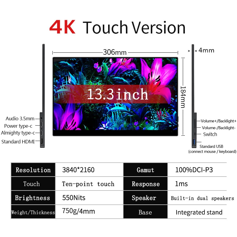 15.6 / 13 Inch 4K OLED Touch Screen Portable Monitor 550Nit USB-C HDMI-Compatible External Gaming Monitor for Xbox Switch Laptop