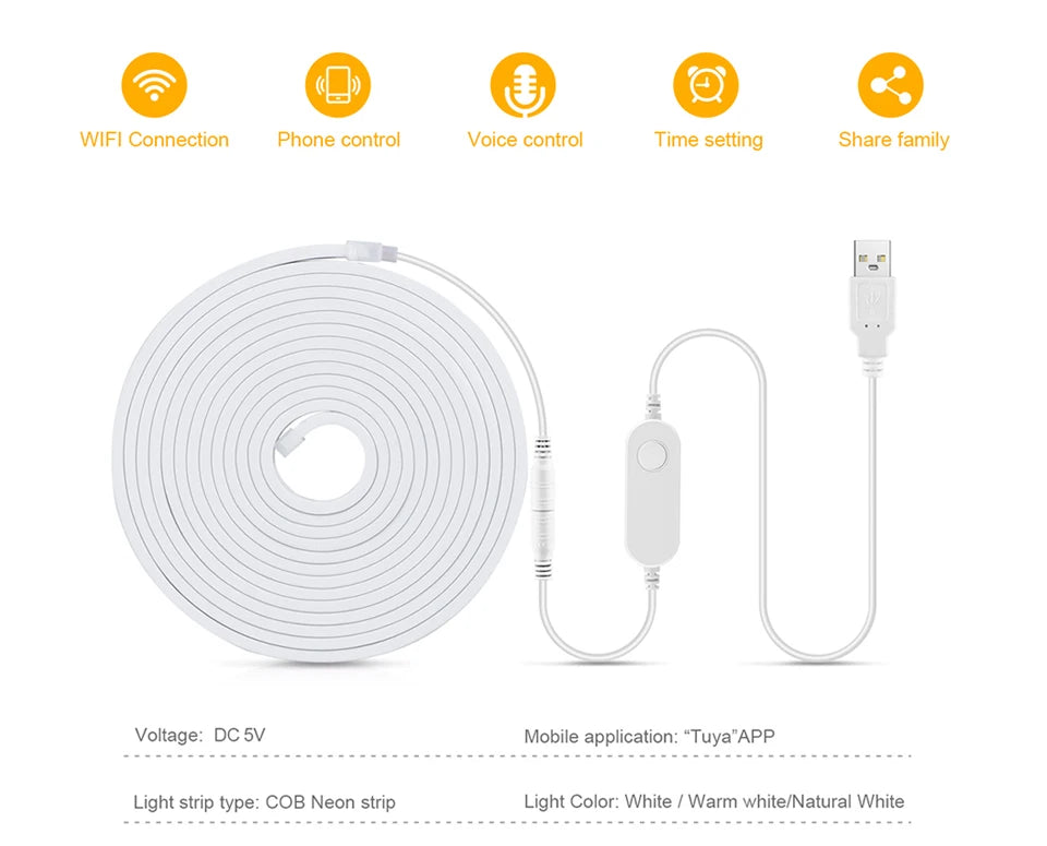 WiFi Smart LED Neon Strip Light - Flexible App-Controlled USB Tape Tidesmit