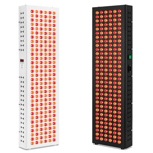 Tall rectangular red light therapy panels for wellness, featuring red and near-infrared LED arrays for body treatment.