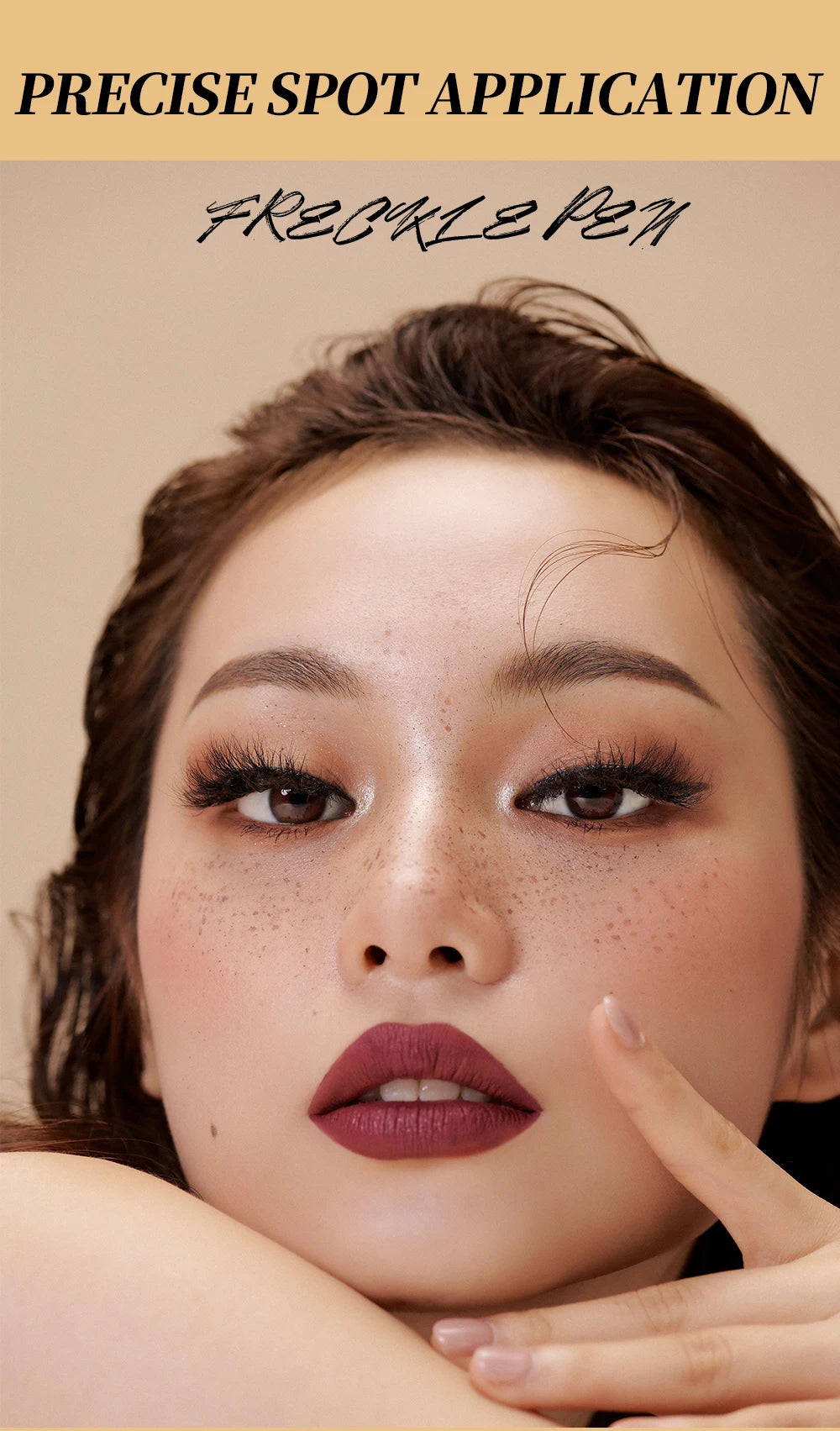Tidesmit QIBEST double-end freckles stamp pen in natural brown shade swatch for easy faux freckle makeup application