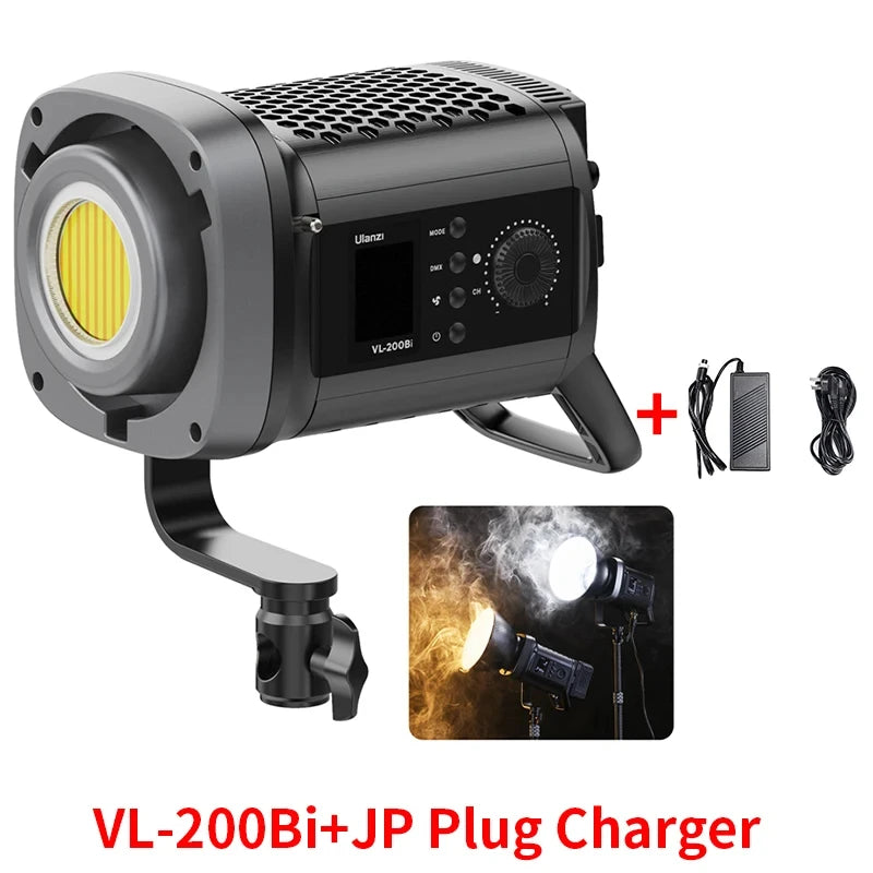 VL-200Bi LED studio light with mounting bracket, control panel, yellow COB chip, and JP plug power adapter.