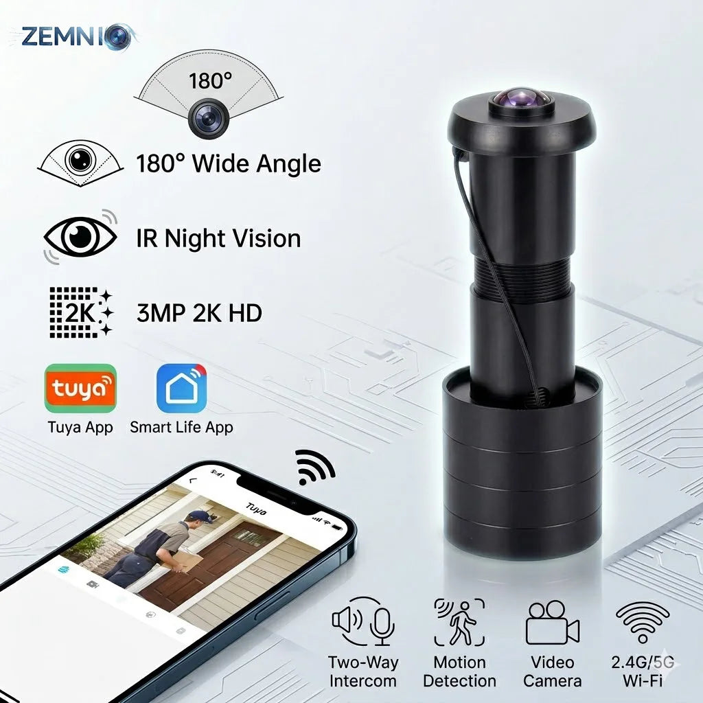 IR Night Vision 3MP 2K HD 180° Video Doorbell Peephole Camera Two-Way Audio Motion Detect, Tuya App, Dual WiFi, EU/US/UK/AU Plug