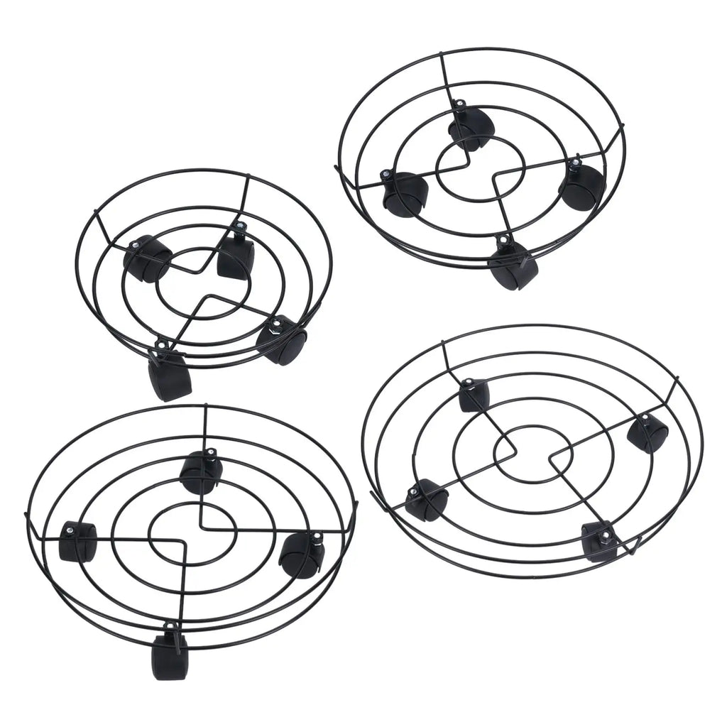 Black spiral wire plant stand base with four caster wheels, shown from multiple angles