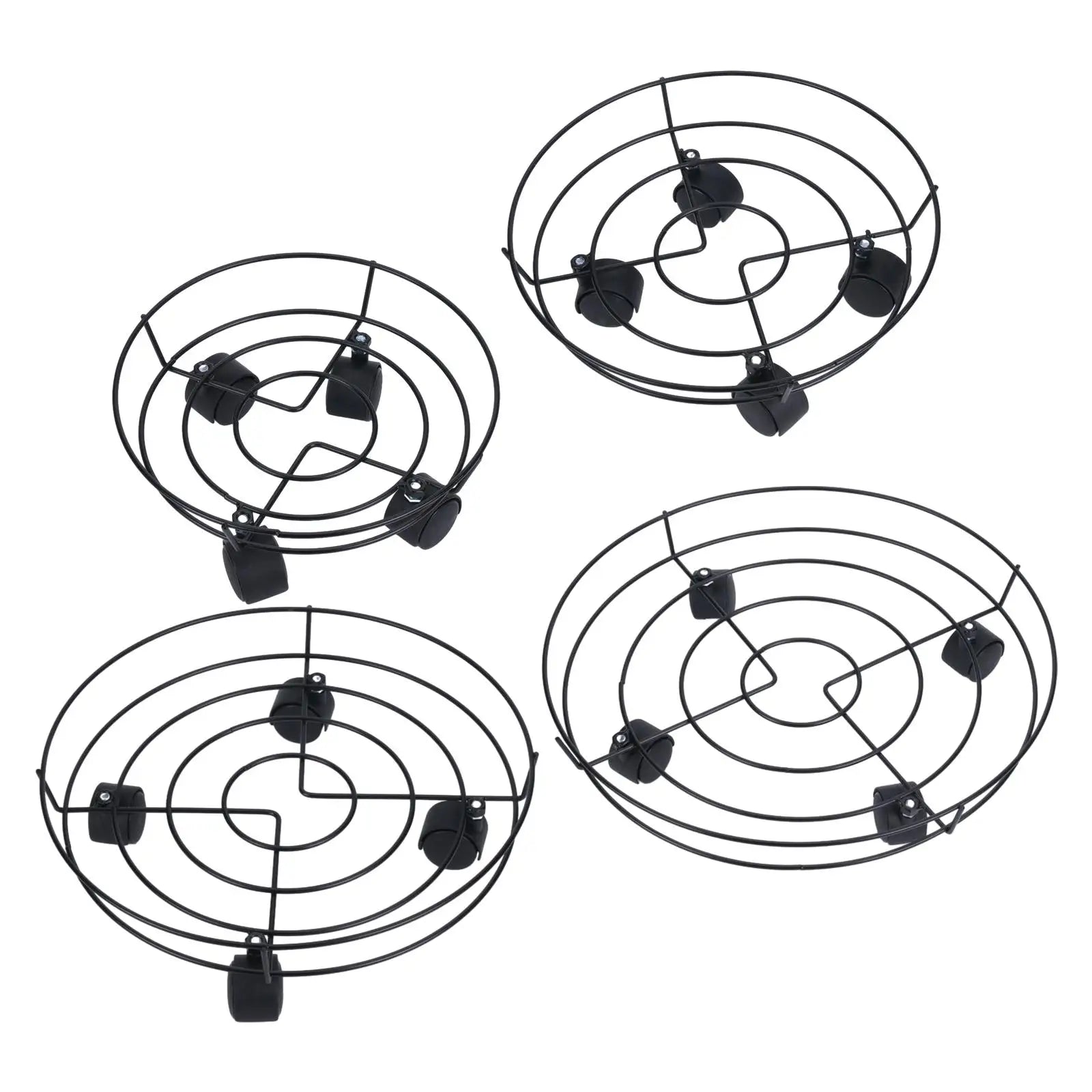 Black spiral wire plant stand base with four caster wheels, shown from multiple angles