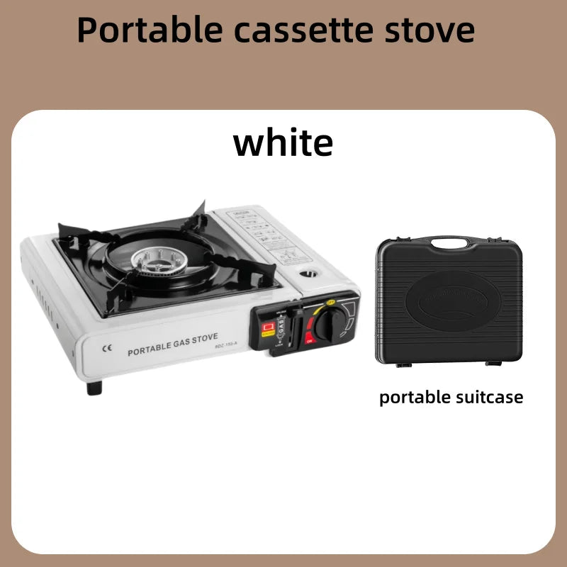 White portable cassette gas stove with burner and portable suitcase carry case