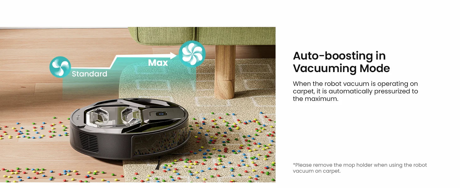 Tidesmit Lefant M320 Robot Vacuum cleaning a carpet with 6000Pa suction power and smart auto-charging base