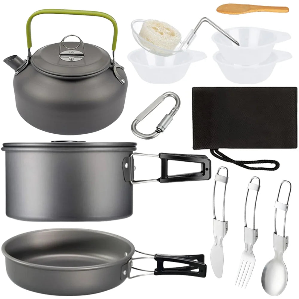 Aluminum alloy camping cookware set with kettle, pot, pan, utensils, and small bowls