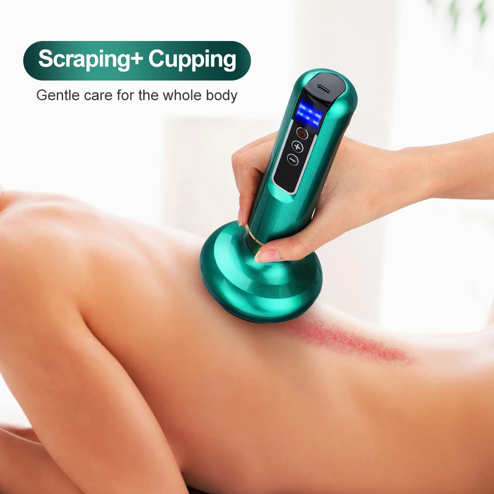 Green handheld electric vacuum cupping and GuaSha massager with digital display for back scraping and slimming therapy.