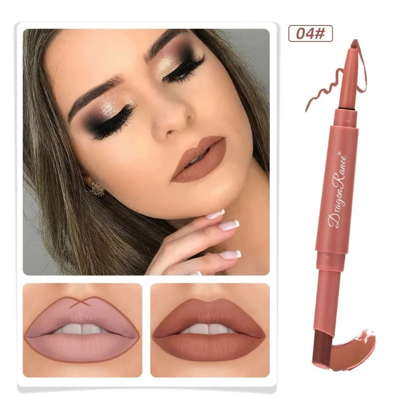 Dual-ended waterproof nude matte lip liner and lipstick pencil in shade 04 for a long-lasting velvet finish.