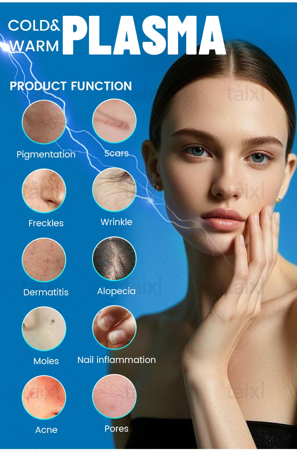 Cold and warm plasma device for skin treatment, showing circular examples for acne, scars, wrinkles, and skin issues.