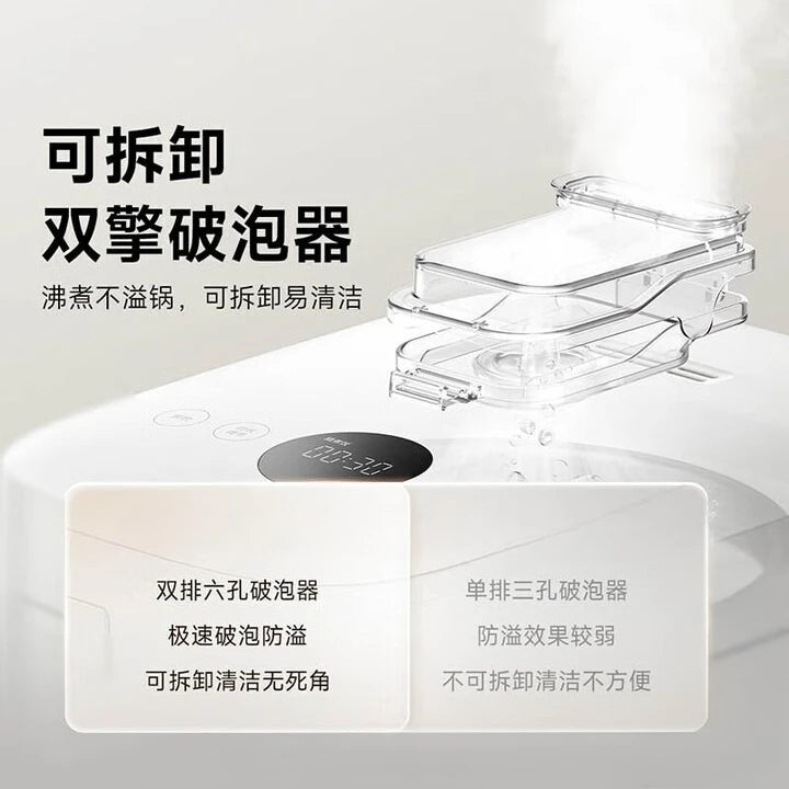 White rice cooker with double anti-foam splash breaker lid