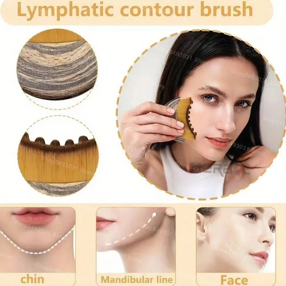 Lymphatic contour brush with soft bristles and a curved, serrated edge for facial massage and sculpting.