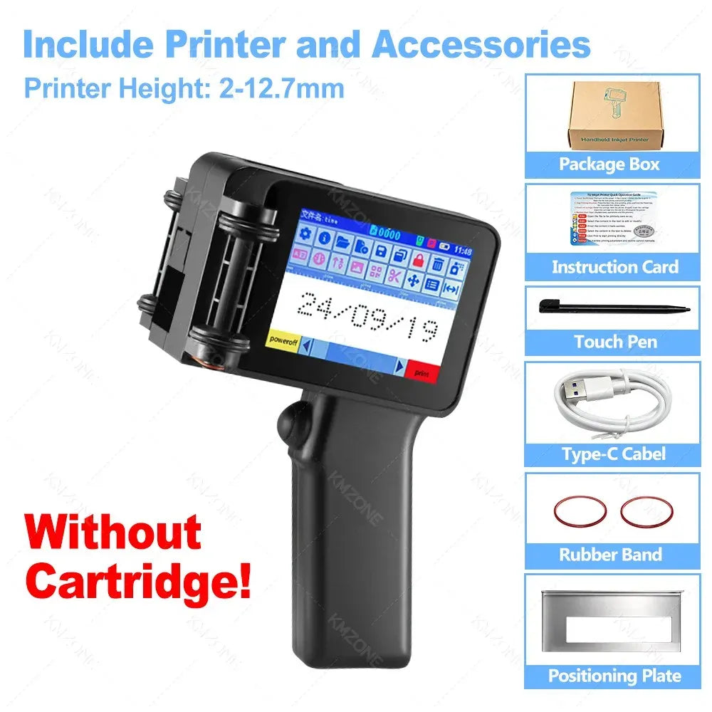 Handheld inkjet printer shown without cartridge, with screen displaying date and barcode icons