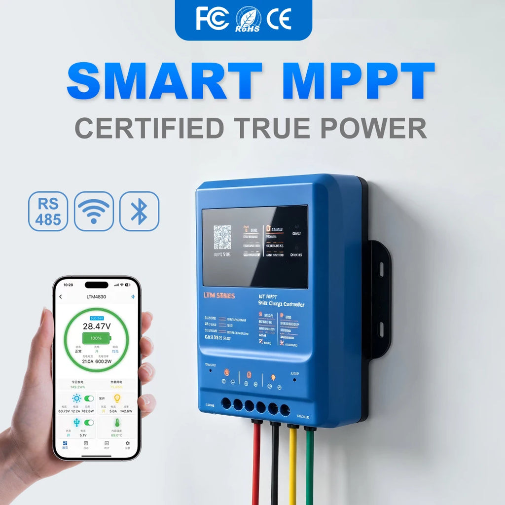 Smart MPPT Solar Charge Controller,30A 40A,12V 24V 36V 48V Auto,APP Remote (WiFi/Bluetooth) RS485,120V PV,LiFePO4 Lead Acid Gel