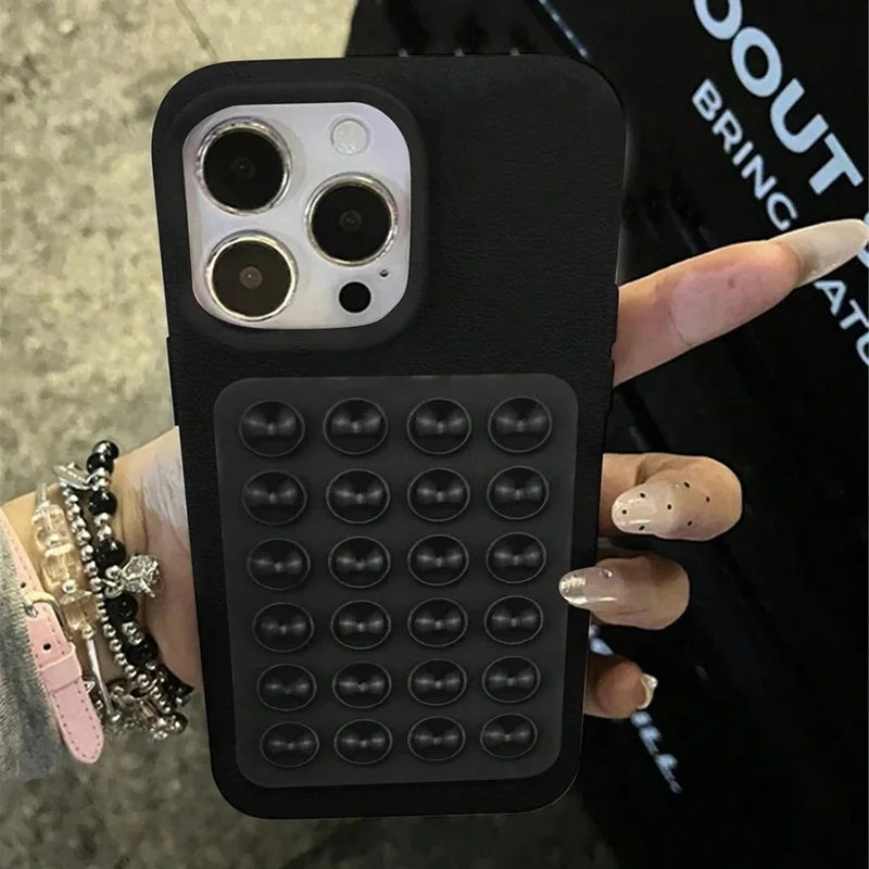 iPhone 17 Pro Max Case with Suction Cup Stand Litchi Leather Black Tidesmit