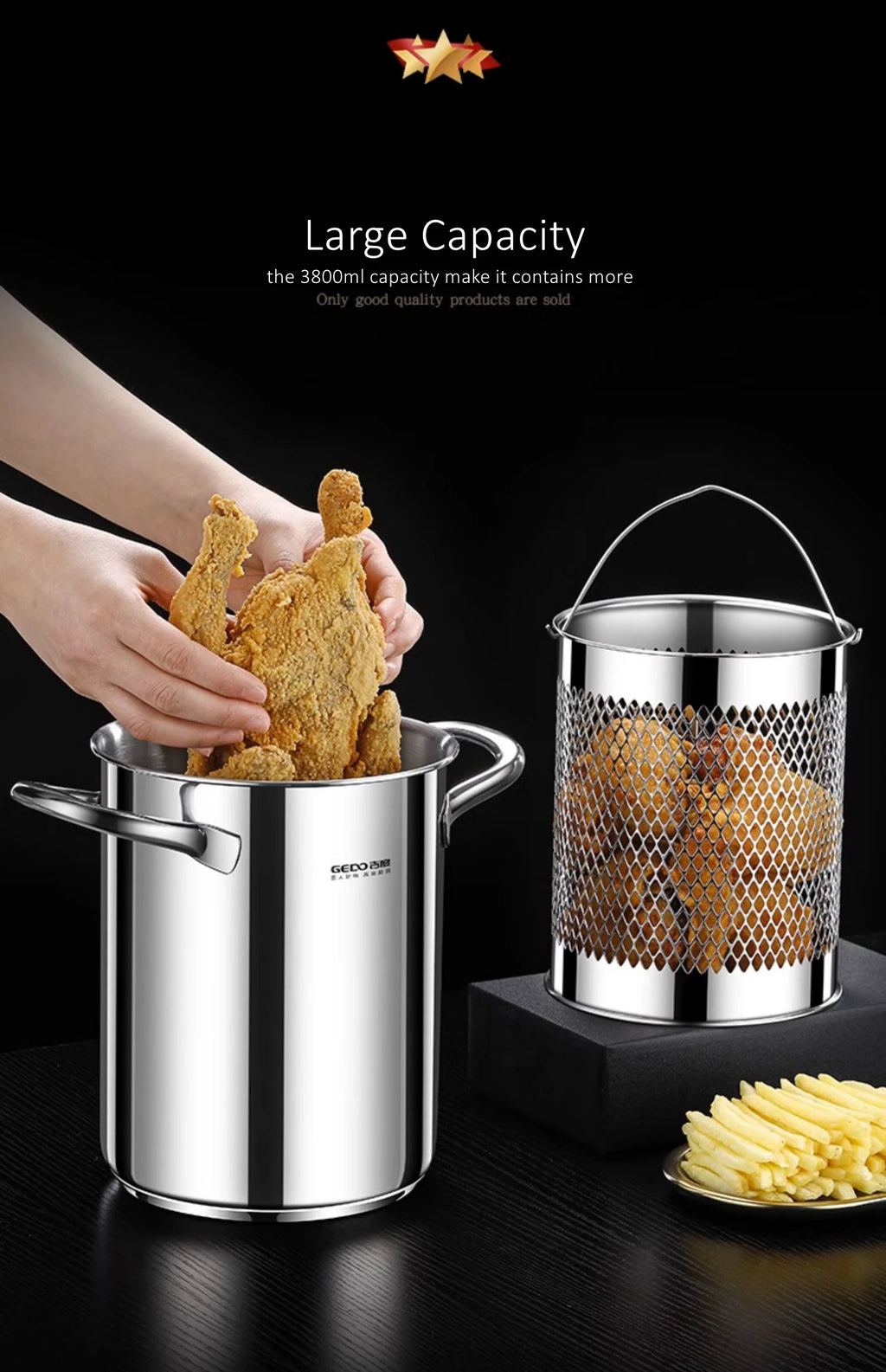 LFGB Certificated Pure 304 Stainless Steel Deep Fryer Oil Save Potato Chip Frying Pot Vegetable Noodle Stewing Pot with Strainer