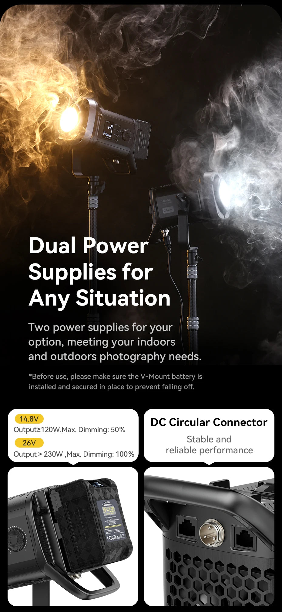 Black LED photography light with V-mount battery and DC circular connector ports for indoor or outdoor lighting.