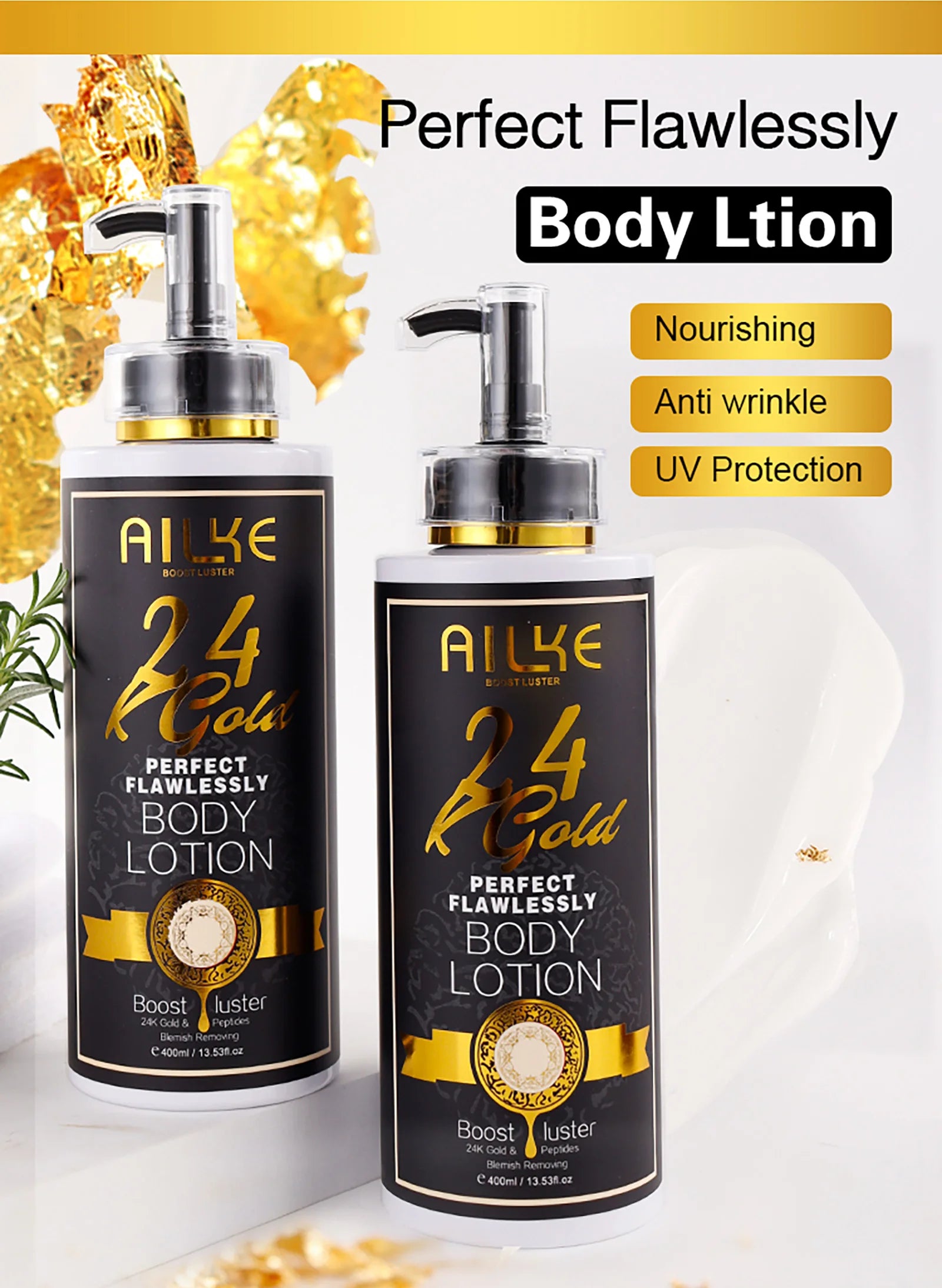 AILKE 24k Gold Flawlessly Whitening Skin Care Set For All Skin Type, Moisturizer, Reduce Black Spots, Smoothing, Brightening