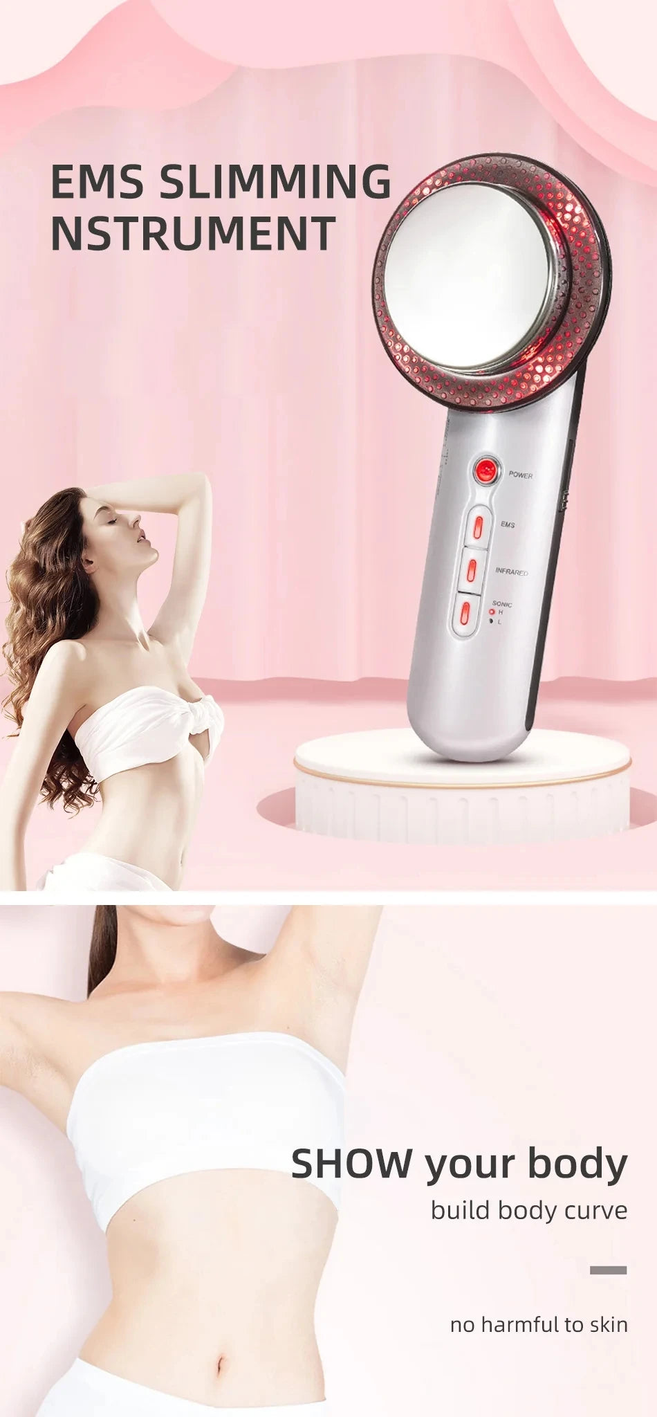 Handheld silver ultrasound body slimming massager with a round head and control buttons, next to a woman in white.