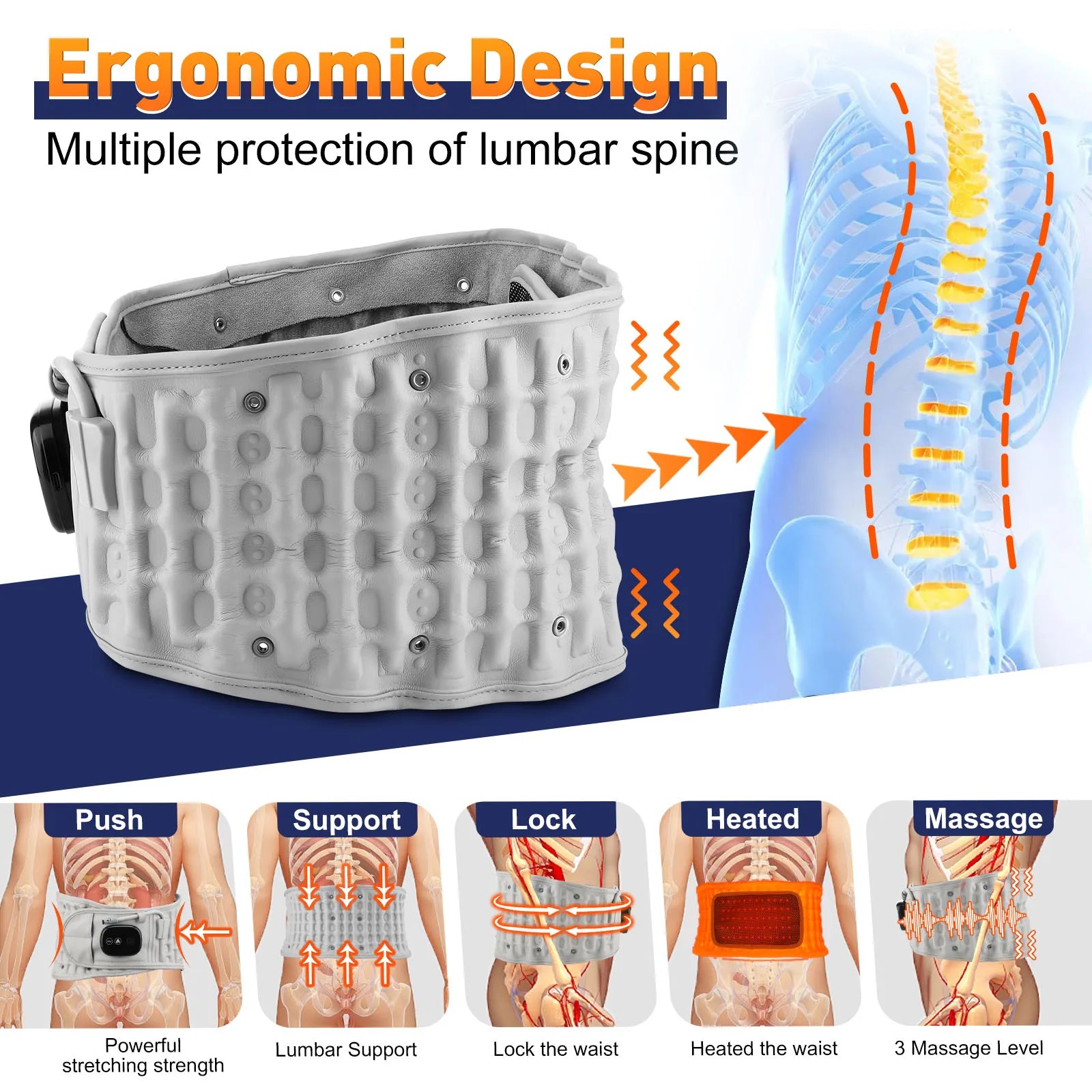 Lumbar Decompression Belt with Red Light Therapy and Vibration Support Fascia Gun Tidesmit
