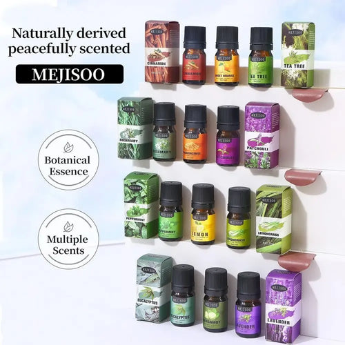 Mejisoo essential oil set: assorted scents in amber glass bottles for aromatherapy wellness and natural home fragrance.