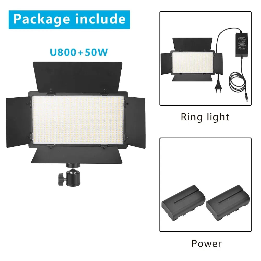 U800+ 50W rectangular LED video light with black metal barndoors, power adapter, and two rechargeable batteries.