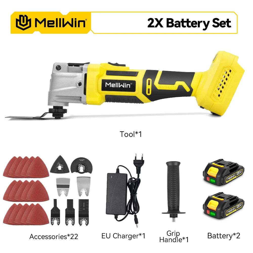 Cordless oscillating tool kit with 2x batteries, charger, grip handle, and sanding accessories