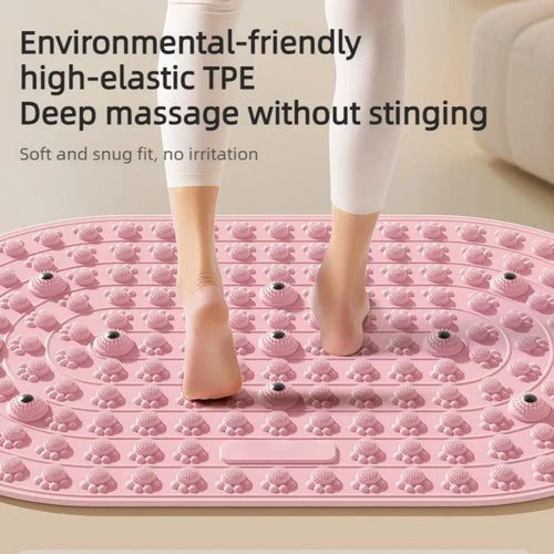 Foot massage acupressure board, a smart yoga mat for anti-fatigue reflexology, showing feet standing on pink TPE mat.