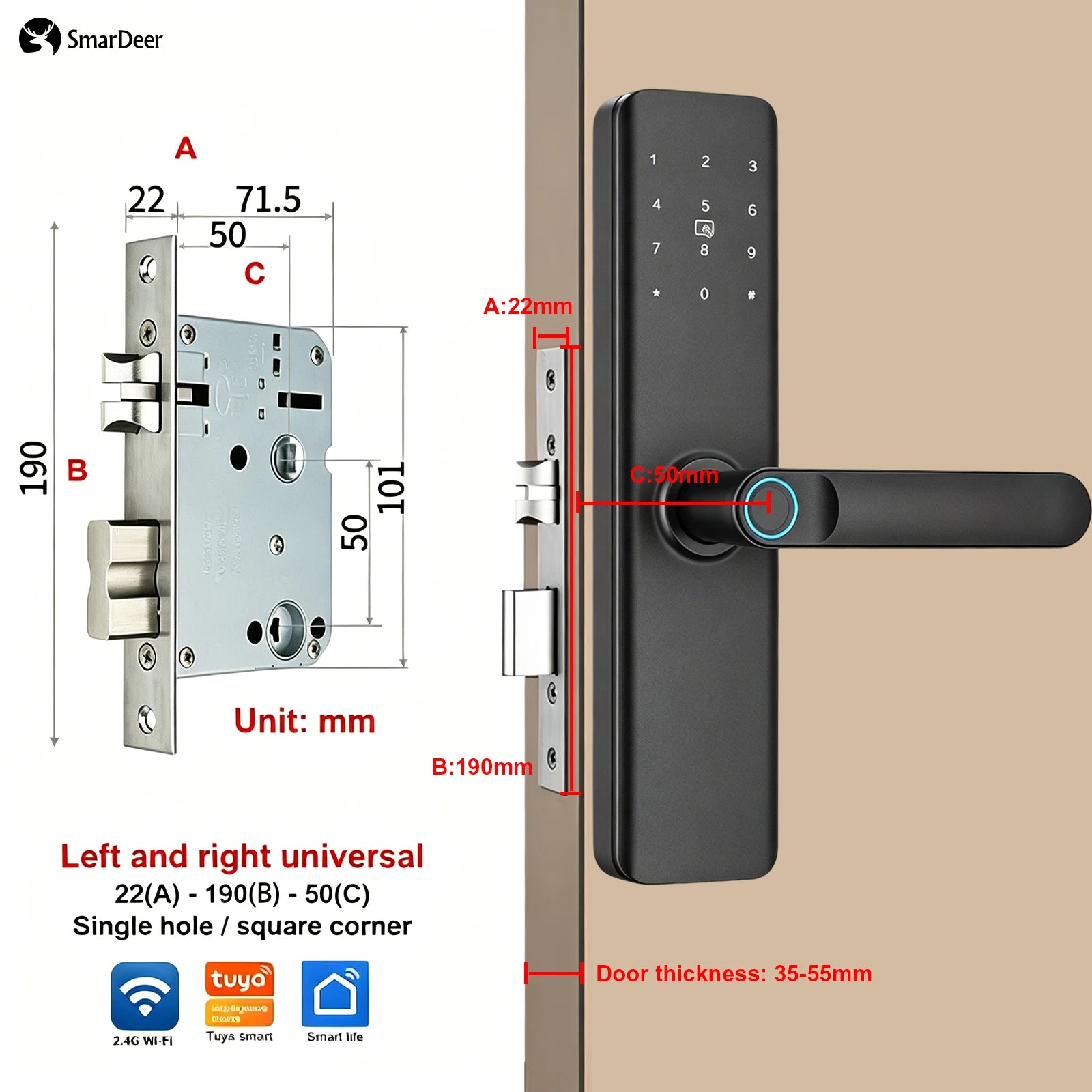 SmarDeer Indoor 5-in-1 Intelligent Door Lock,Tuya WIFI Fingerprint Lock，Keyless Entry Smart Electronic Door Lock for Home