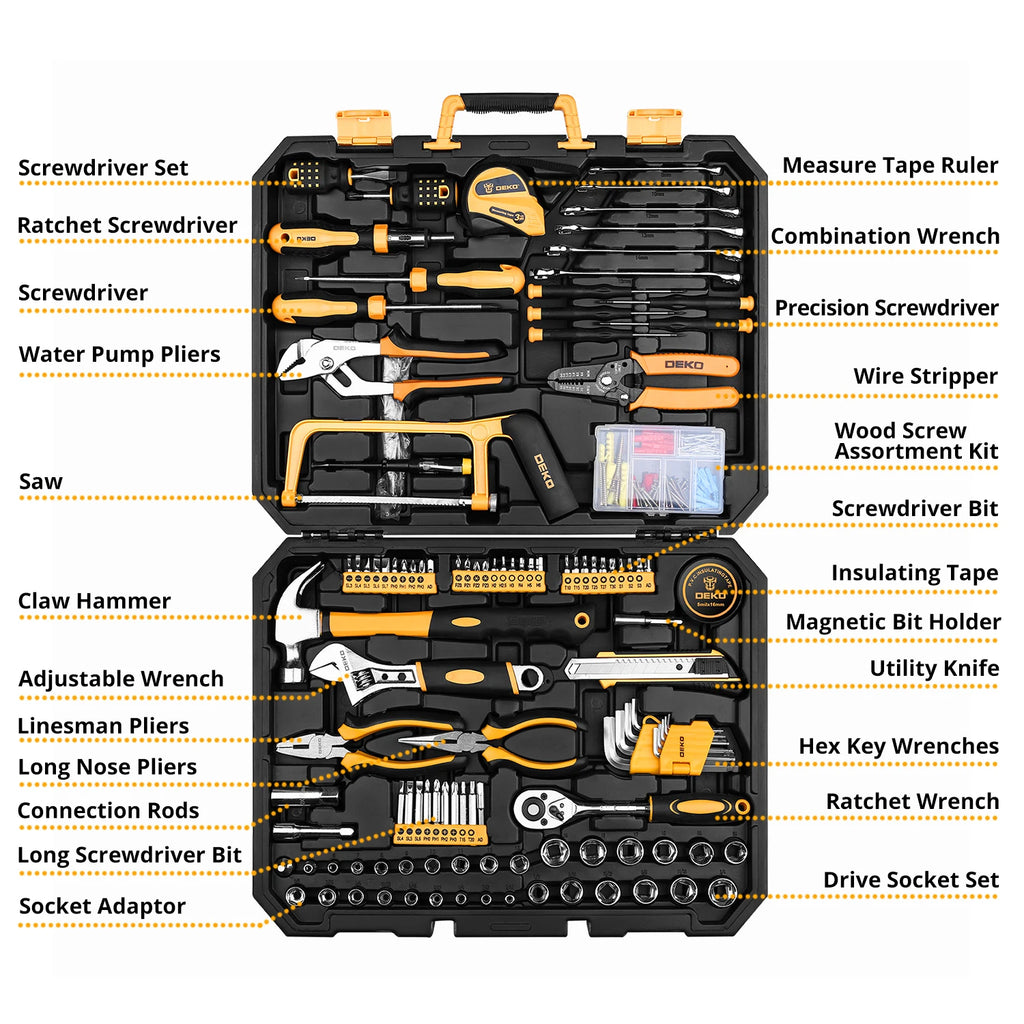 DEKO 192Pcs 198Pcs Professional Car Repair Tool Set Ratchet Spanner Screwdriver Socket Mechanics Tools Kit W/ Blow-Molding Box