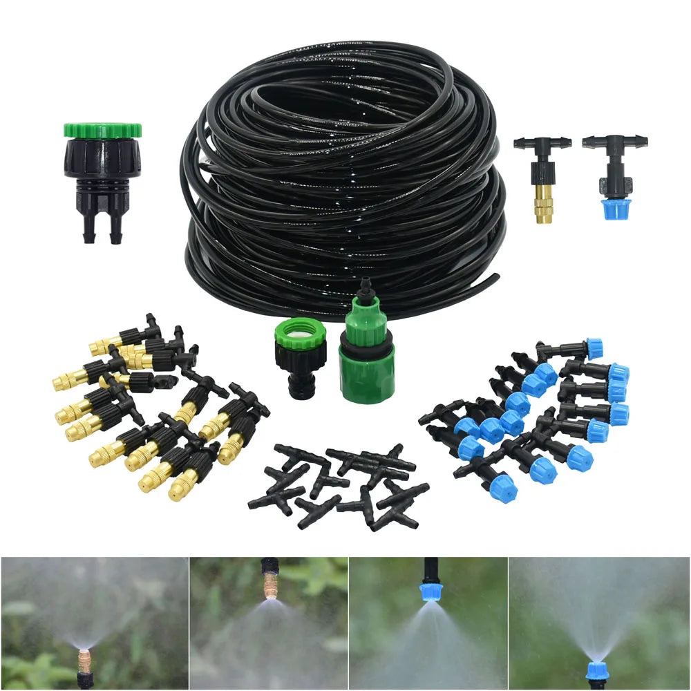 5M-30M Outdoor Misting Cooling System Garden Irrigation Watering 1/4'' Brass Atomizer Nozzles 4/7mm Hose for Patio Greenhouse