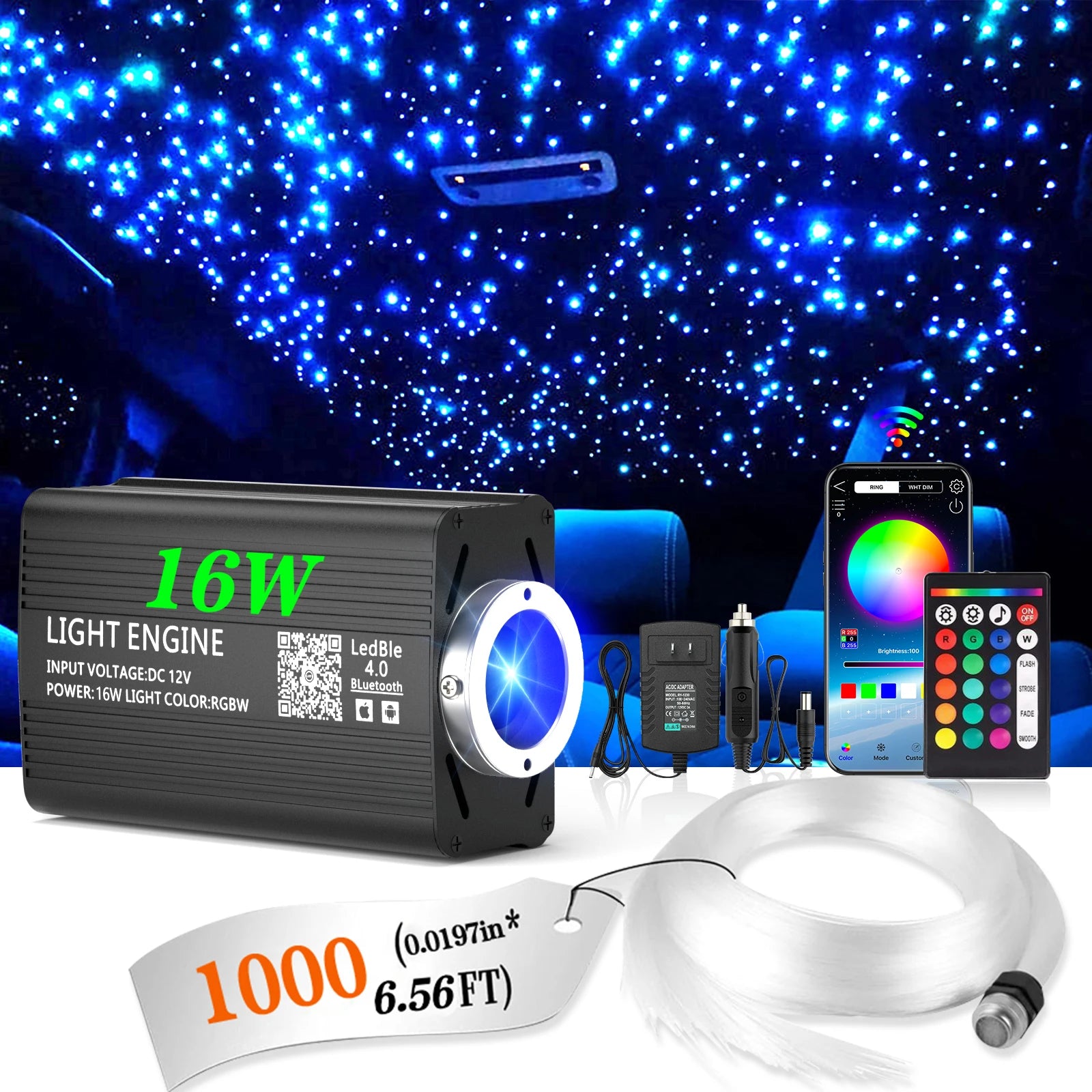 Car Starry Sky Light Kit 16W RGB - DIY Fiber Optic Ceiling Lamp Tidesmit