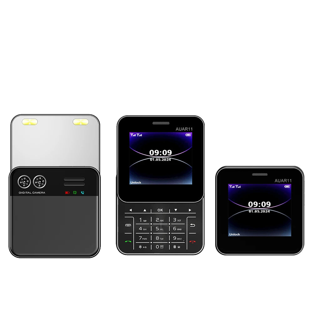Three mini sliding smartphones showing back cameras and keypad, rotating screen