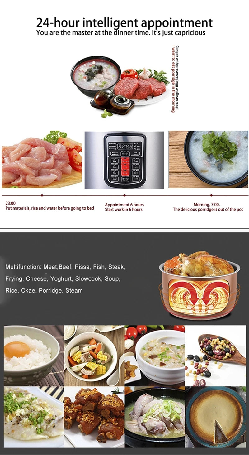 Silver multi-cooker with digital panel and example meal cooking modes shown