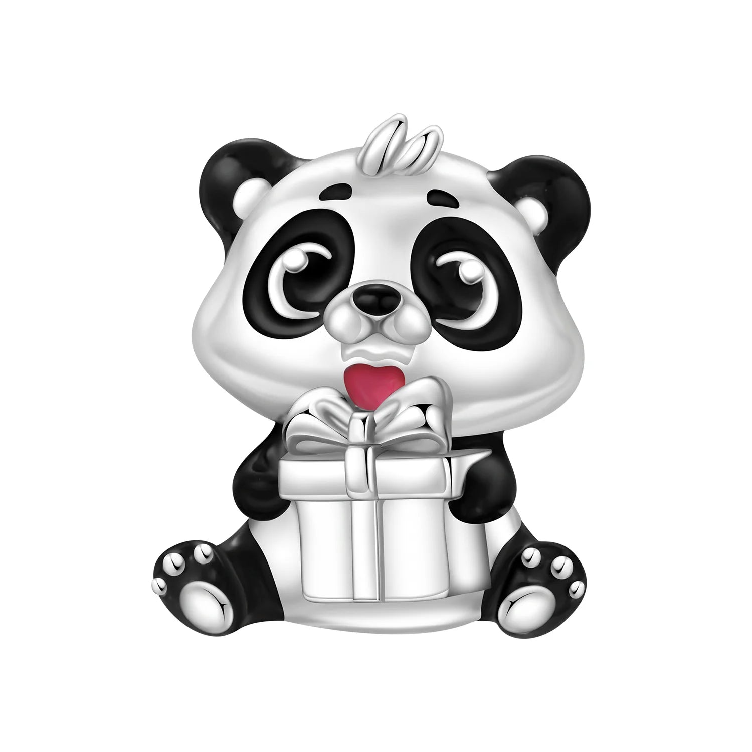925 sterling silver cute panda charm holding a gift for charm bracelets, a perfect trendy jewelry gift for pet lovers.