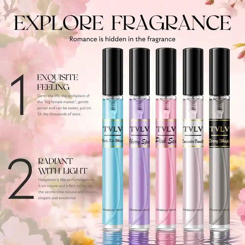 TVLV Brazilian body fragrance spray set: 5 slim, colorful perfume vials for women with floral and fruity notes.