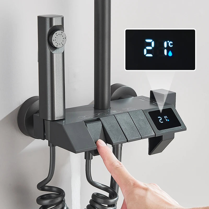 Rozin Black Digital Display Shower Faucet Set Piano Style Rainlfall Bathroom System Grey Digital Mixer Tap Bidet Shower