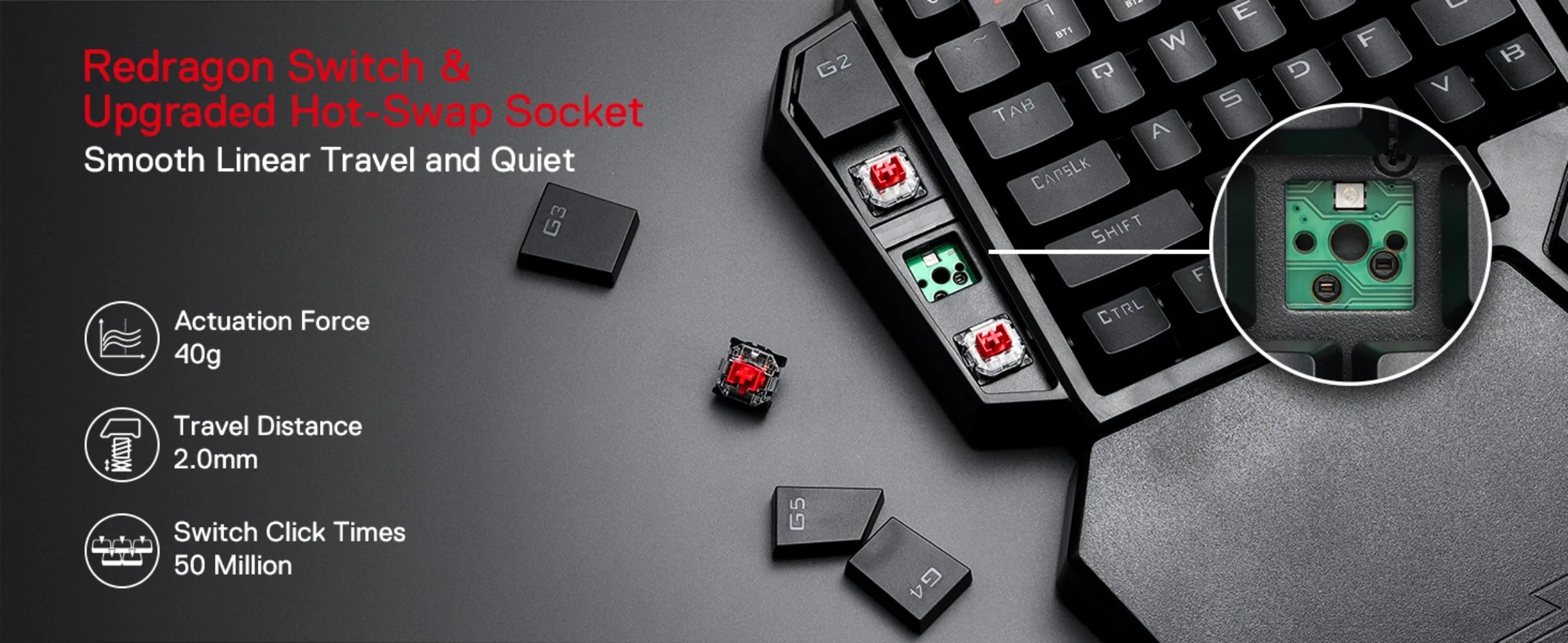 New Redragon K585 PRO Wireless One-Handed Mechanical Keyboard 42 Keys 2-Mode RGB 7 Onboard Macro Keys Detachable Wrist Support