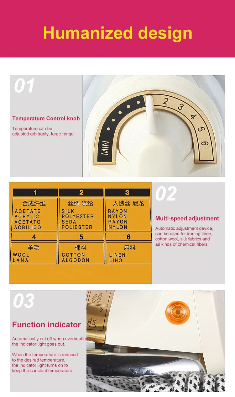 Tidesmit 1KW electric dry iron featuring 6 gear heat settings for clothes, wood furniture, and hot drilling mounting.