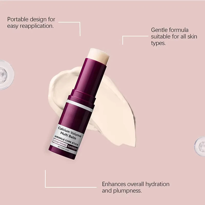Deep purple twist-up skincare balm stick against a pale pink background with a cream smudge.